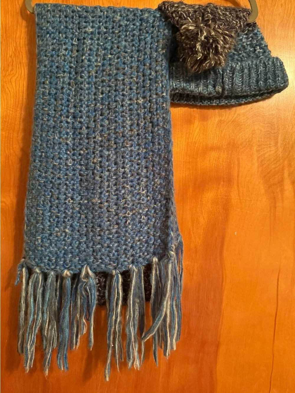 Mixit Blue and Cream Marled Knit Scarf with Fringe and matching hat